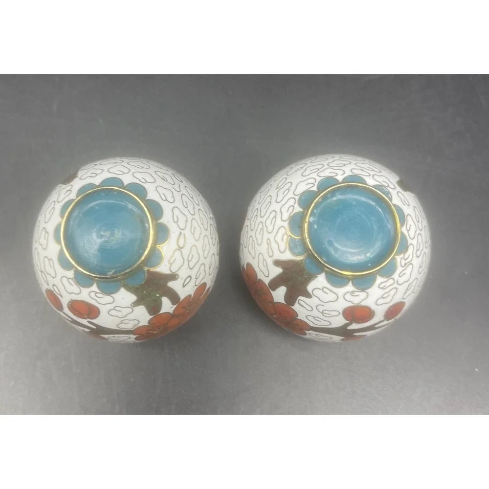 VTG Petite Brass Enamel‎ Floral Cloisonné Ginger Jars Urns w/ Lids & Stands-2